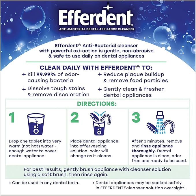 Efferdent Denture Cleaner Tablets – Dental Appliances, Aligners, Mouth Guard, and Retainer Cleaner Tablets, Minty Fresh & Clean, 44 Count (Pack of 6)