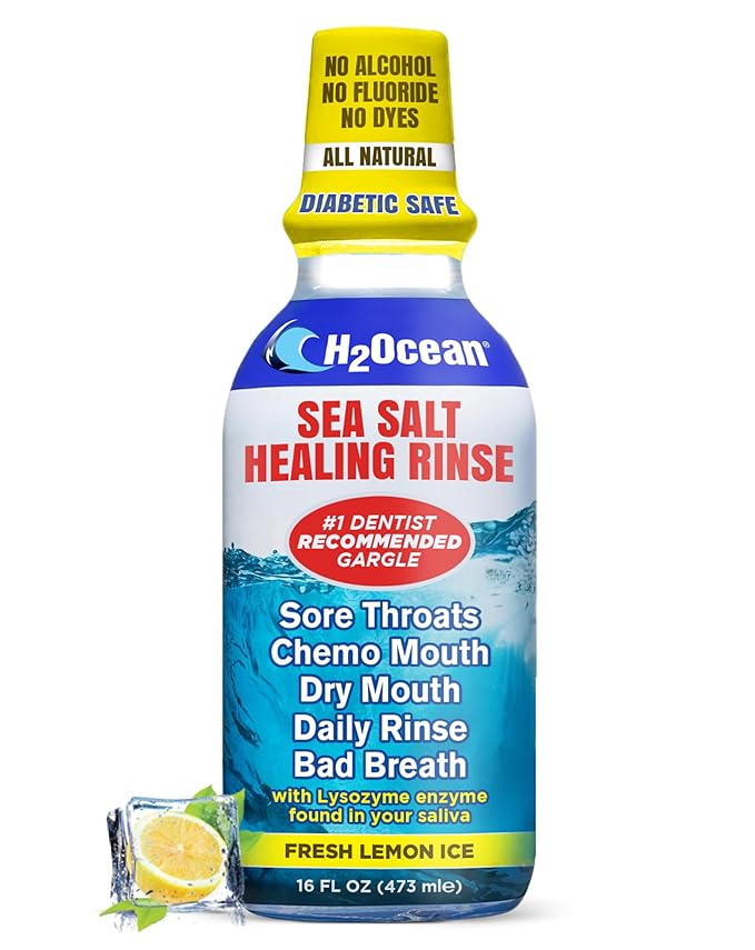 H2Ocean Healing Rinse Natural Sea Salt Mouthwash - Alcohol & Fluoride-Free Oral Care for Tonsil Stones, Sore Throats, Wisdom Teeth Recovery & Gum Health, Whitening Mouthwash - Lemon Ice, 16 oz