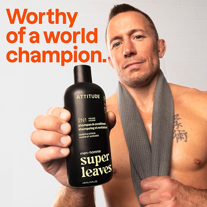 ATTITUDE Men's Shampoo and Conditioner 2-in-1, Volumizing for Thin Hair, With Rosemary and Rice Protein, 97% Natural Origin Ingredients, EWG Verified, Amber & Citrus, 14 Fl Oz