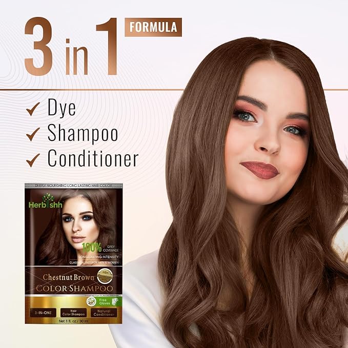 Herbishh Gray Hair Color Shampoo - Natural Argan Mask for Long-Lasting Color in Minutes - Travel Size, 10 Pack + 1 Pack, Ammonia-Free (Chestnut Brown)
