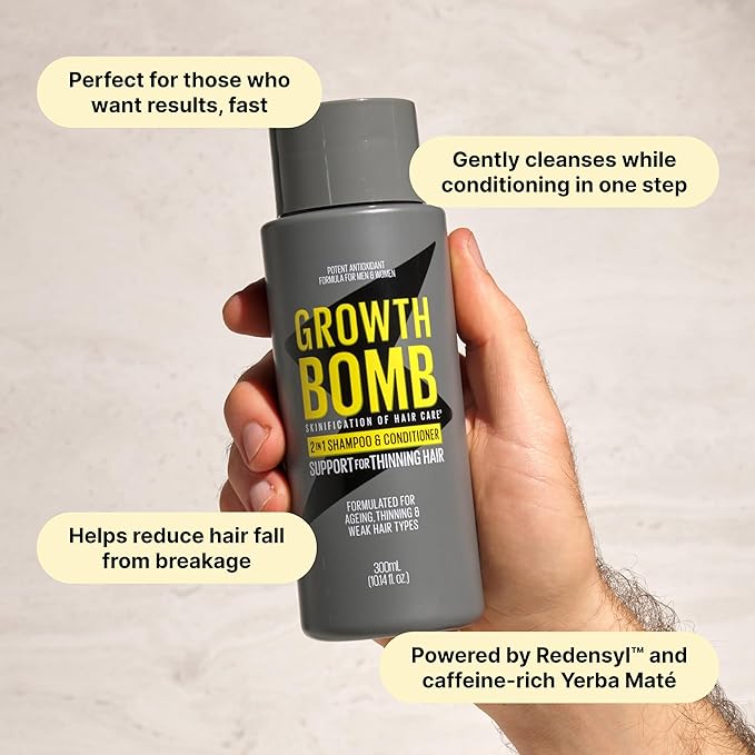 Growth Bomb 2 in 1 Shampoo and Conditioner - Natural 2 in 1 Shampoo and Conditioner for Men & Women, Use on Mens Thin Hair, Support for Thick, Full Hair, Caffeine from Yerba Mate - 300 mL