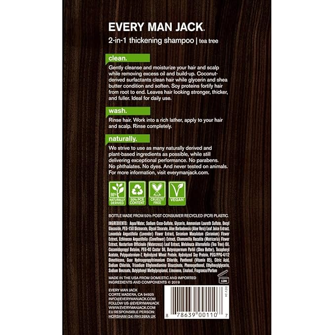 Every Man Jack 2-in-1 Thickening Shampoo + Conditioner - Thicken, Cleanse, and Hydrate Hair with Coconut, Aloe, and Tea Tree Oil - Naturally Derived and No Harsh Chemicals - Twin Pack