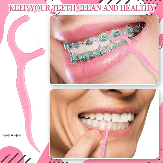Baderke 200 Count Floss Picks Bulk Non Breakable Tooth Picks Flosser Dental Floss Sticks for Adults Teeth Cleaning Dental Flossers for Family Pack Travel (Pink)
