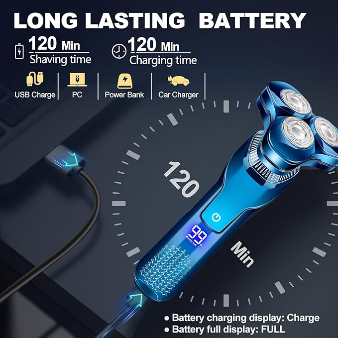Men's Electric Razor, Upgraded 4D Floating Magnetic Blade Head Rotary Shaver, 3-in-1 Multifunctional for Beard/Nose/Sideburns, IPX7 Waterproof Rechargeable Cordless Shaver, Turbo Speed, Gift for Men