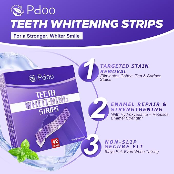 Teeth Whitening Strips 21 Treatments - 21 Days Treatment with Non-Slip & Enamel-Safe & No-Sensitivity, Teeth Whitening Kit for Coffee, Wine Stains Removal Fastly (42 Strips - Purple)