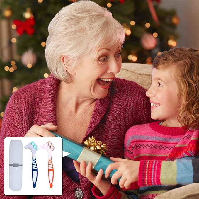 2Pcs Denture Brush False Teeth Toothbrush with 1 White Carrying Case, Effective Denture Cleaning Brush with Multi-Layered Soft Bristles,Orange and Blue