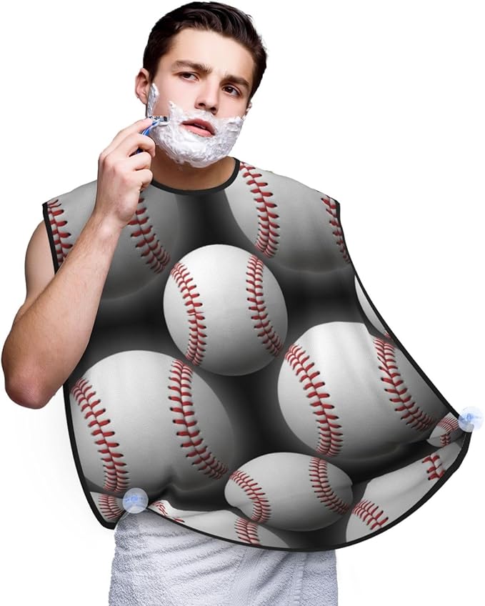 No-Slip Shaving Bib, Beard Grooming Apron with Strong Suction Cups, Sport Baseball