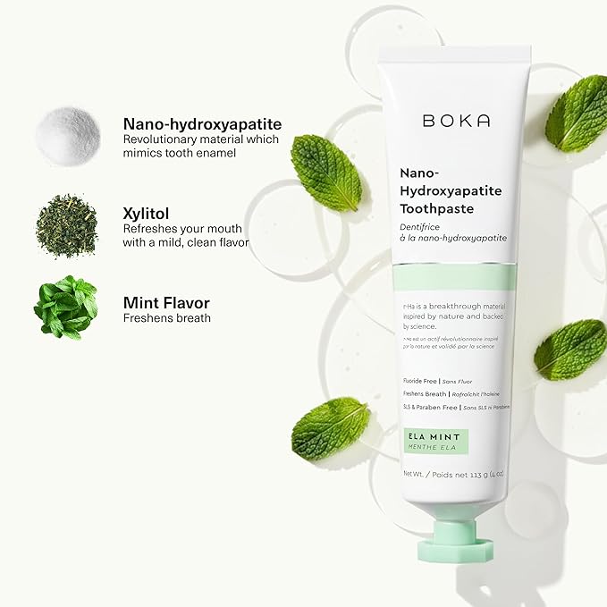 Boka Fluoride Free Toothpaste, Nano Hydroxyapatite Toothpaste, Appropriate for Sensitive Teeth - for Adult, Kids Oral Care - Ela Mint Flavor, 1.3 Fl Oz 2Pk US Manufactured