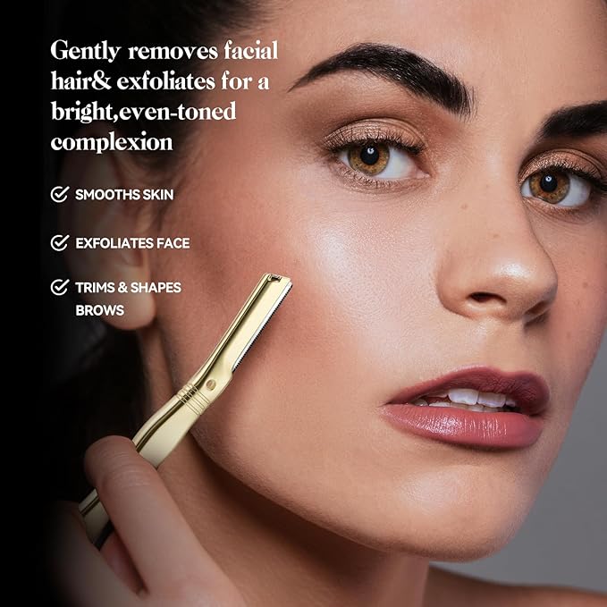 Eyebrow Razor for Women and Men, Face Razors for Women, Dermaplane Razor with Protective Silicone Cover, Reusable Metal Handle with 6 Refill Blades, Skin Care Tool, Gold