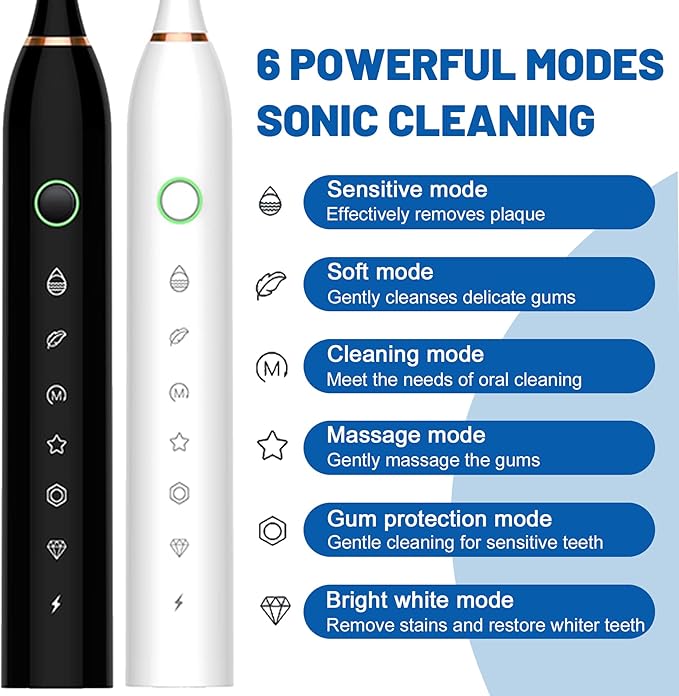Electric Toothbrush with 8 Brush Heads, 42000vpm 6 Modes IPX7 Waterproof, Soft Electric Toothbrush for Adults - 2 Pack, Black+White