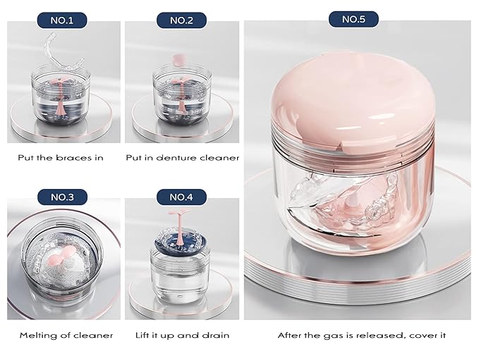 MURRI&MURRDI Retainer Mouth Guard Soak Container Box, Denture Bath Case with Strainer Basket, Braces Cleaner Cup Leak Proof, Travel Cleaning Storage Holder for Aligners Dental, Pink