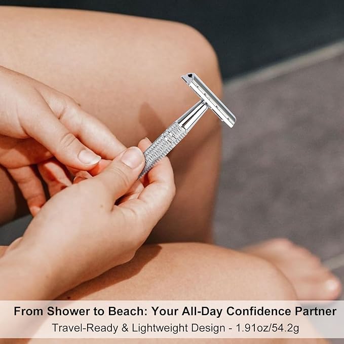 Double Edge Safety Razor with Stand, Single Blade Razors for Men and Women, Reusable Metal Razor, with 10 Double Edge Blades, Smooth and Close Shave, Shiny Silver