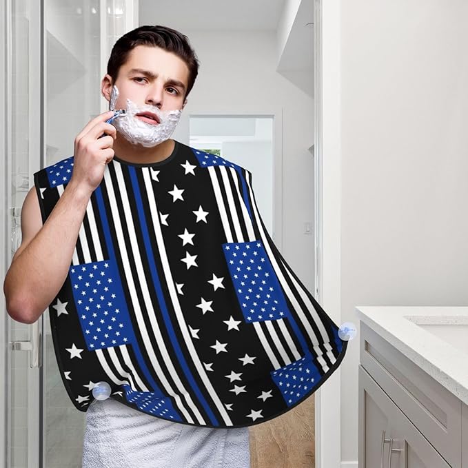Beard Hair Catcher Bib, Waterproof Non-Stick Grooming Apron for Shaving Trimming, Perfect for Men Dad, Thin Blue Line American Flag Shave Bib