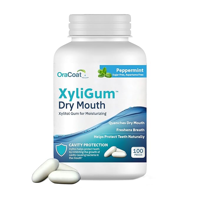 OraCoat XyliGum Dry Mouth Sugar Free Gum, 100 Piece Bottle, Peppermint Chewing Gum with Xylitol for Dry Mouth, Helps Stimulate Saliva, Breath Freshener, Supports Teeth & Gum Health