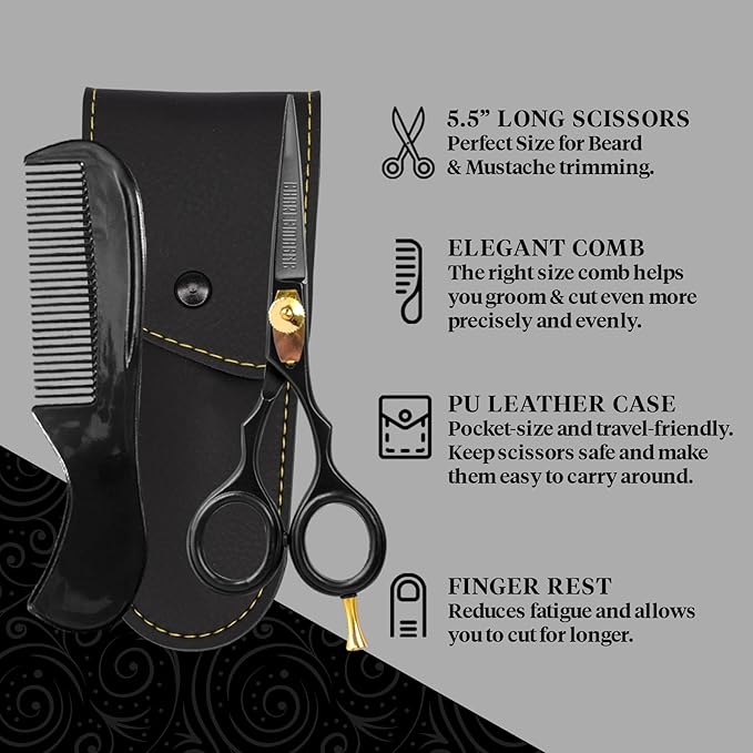 Charlemagne Hand-Forged Japanese Steel Beard & Mustache Scissors - 5.5in, Black - Precision Cutting & Beard Trimming Kit - Sharp Blades & Mustache Grooming Kit - Versatile Nose & Hair Scissors