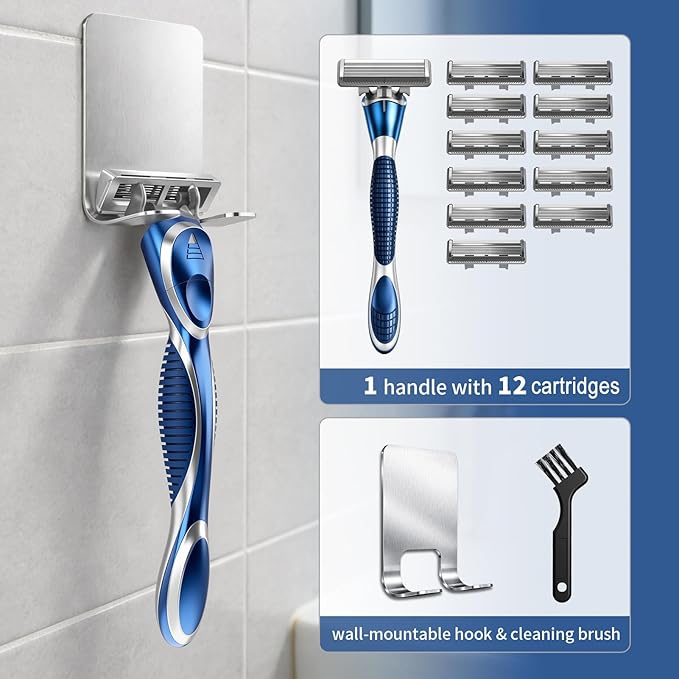 6-Blade Manual Razor for Men with Lubricating Strip, 1 Ergonomic Non-Slip Handle Includes 12pack Razor Blade Refill Cartridges, with Hanging Hook & Cleaning Brush, Full Washable Design