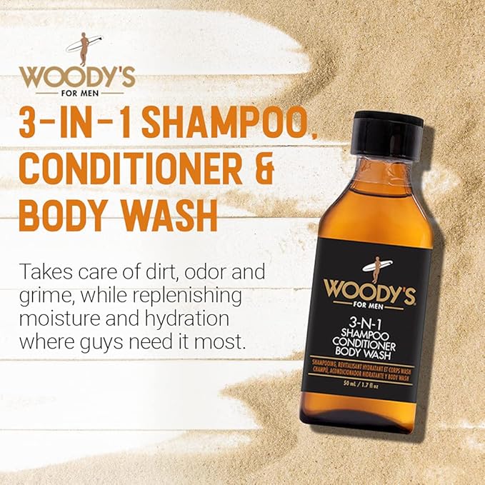 Woody's 3-in-1 Shampoo, Conditioner, & Body Wash for Men, Travel-Size, Refreshing All-in-One Hair & Body Cleanser, 1.7 fl oz, 2 Pack