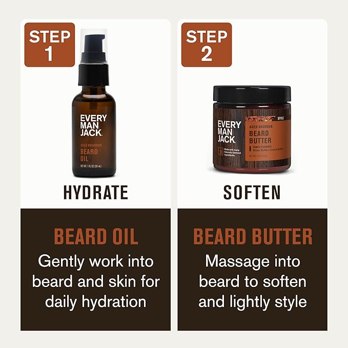 Every Man Jack Beard Oil & Scruff Softening Butter Bundle - Aged Bourbon Fragrance - Rejuvenates, Hydrates & Styles Dry Beards - Naturally Derived with Cocoa Butter and Shea Butter