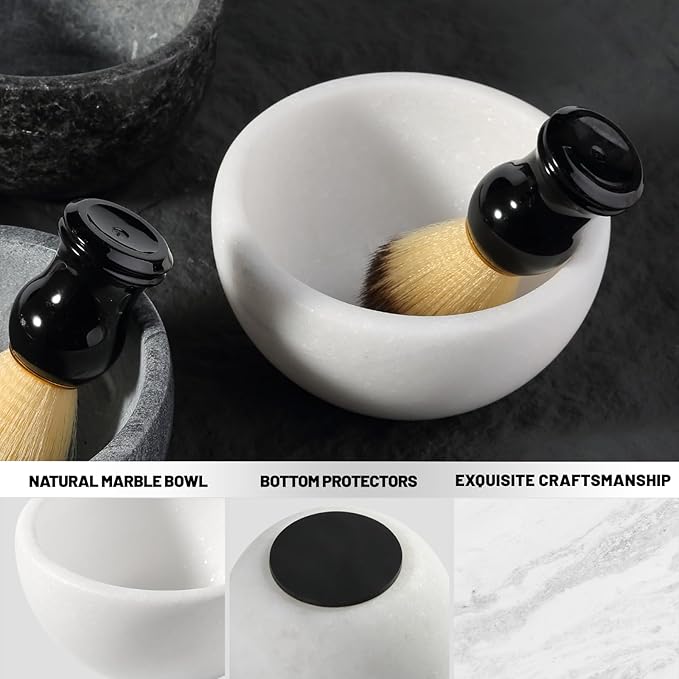 Koville White Marble Shaving Soap Bowl Handmade from Natural Marble, Heat Retaining Stone Provides a Luxurious Hot Shave Experience, Shaving Bowl Gift for Men with 2 Pack Shaving Brush