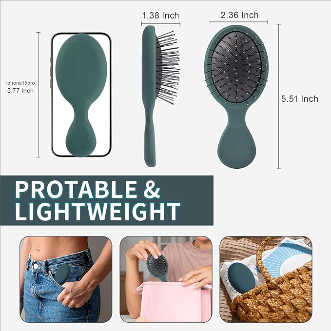 Mini Hair Bursh for Kids Women and Men, Protable Travel Size Hair Brush for Pockets Purse backpack,Mini Detangler Brush for All Hair Types, Small Hair Brush for Detangling(1 Pack-Green)