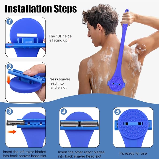 2 in 1 Back Shaver & Massage Cleaning Brush with Bendable Handle, Manual Stainless Steel Razor for Back & Body Hair Removal, Portable Wet Dry Body Groomer with 8 Pcs Replaceable Blades-Blue