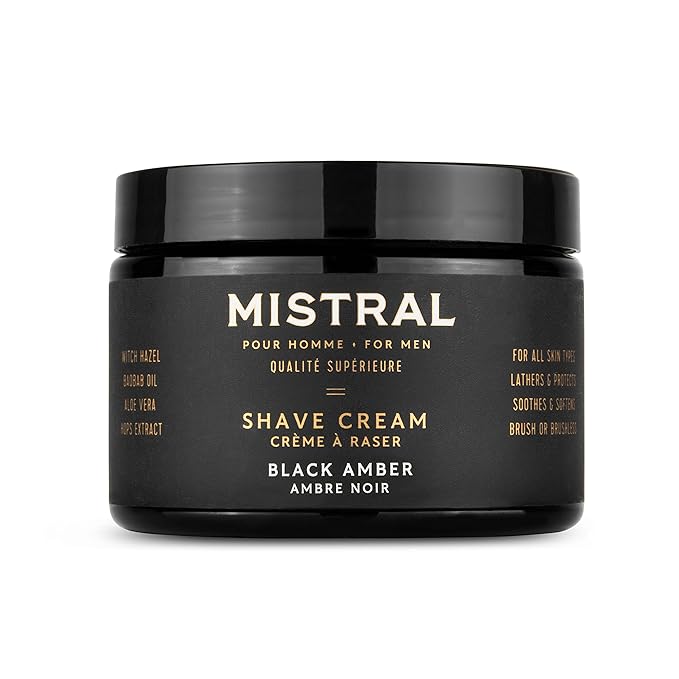 Mistral Black Amber Shaving Cream for Men | Smooth Triple Layered Foam | Men’s Shave Cream with Organic Plant Extracts | pH-balanced, Phthalates & Paraben-Free | Made in USA. 9oz Tub