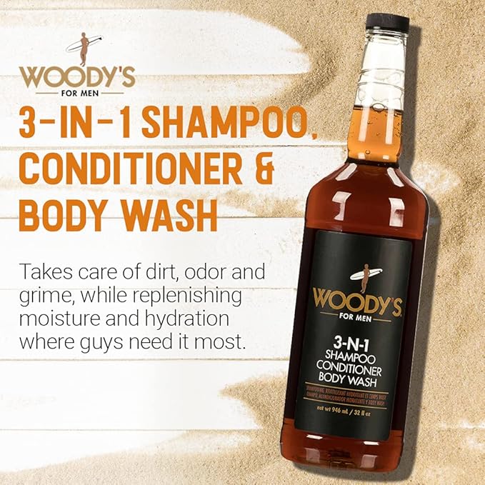 Woody's Mens Body Wash 3 in 1 – Shampoo, Conditioner, & Body Wash, All-in-One Cleanser, Refreshing & Hydrating with Natural Extracts - 32 fl oz