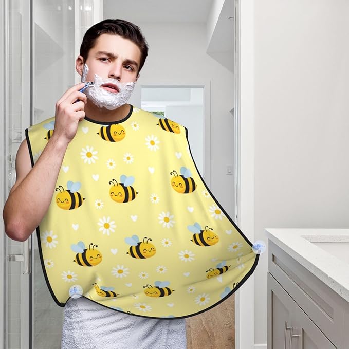 Ultimate Shaving Bib, Beard Trimming Apron with Hair Catcher, Cute Honeybee Bee Light Yellow