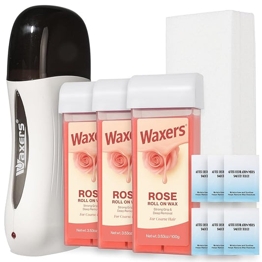 Roll on Wax Kit for Coarse & Thick Hair Removal Waxing Kit for Women & Men Professional Rose Soft Wax Roller Cartridge with Warmer & Strips