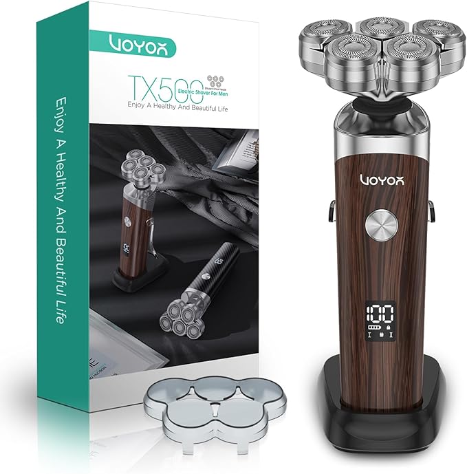 VOYOR Electric Razor for Men - 5D Floating Shavers for Men Magnetic Electric Shaver Rechargeable Face Shaver LED Display Wet Dry Shaving IPX6 Waterproof Mens Rotary Razor TX500 (Woodgrain)