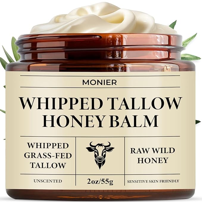 MONIER Whipped Beef Tallow for Skin, Tallow and Honey Balm for Face, Moisturizer with 100% Organic Grass-Fed Beef Tallow & Raw Wild Honey - Packaging May Vary - Dry & Sensitive Skin (Unscented)