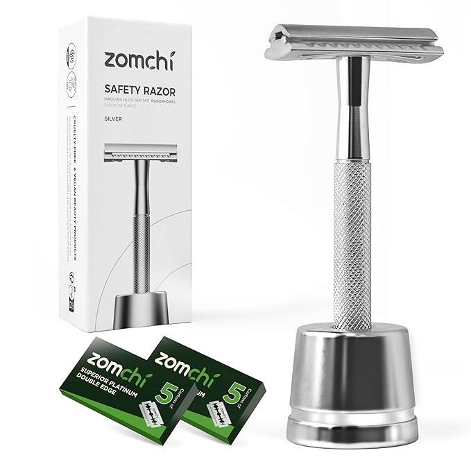 ZOMCHI Double Edge Safety Razor for Men with Stand, Reusable Metal Razor with 10 Double Edge Blades, Single Blade Razors for Men & Women – Silver