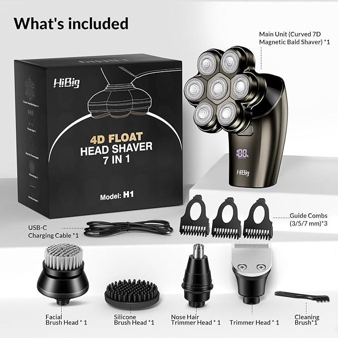 7D Arc Electric Shaver for Head & Body, 5-in-1 Upgraded Electric Razor for Men, Waterproof Wet/Dry Detachable Head Shaver, LED Display Rechargeable Electric Shaving & Grooming Kit, Grey