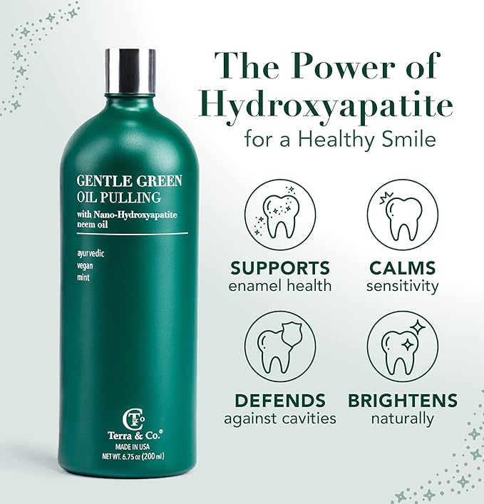 Terra & Co. Nano Hydroxyapatite Gentle Green Oil Pulling - Vegan Natural Mouthwash for Teeth and Gum Health – Alcohol-Free and Fluoride-Free - Made with Cold Pressed Plant Oils | 6.75 oz