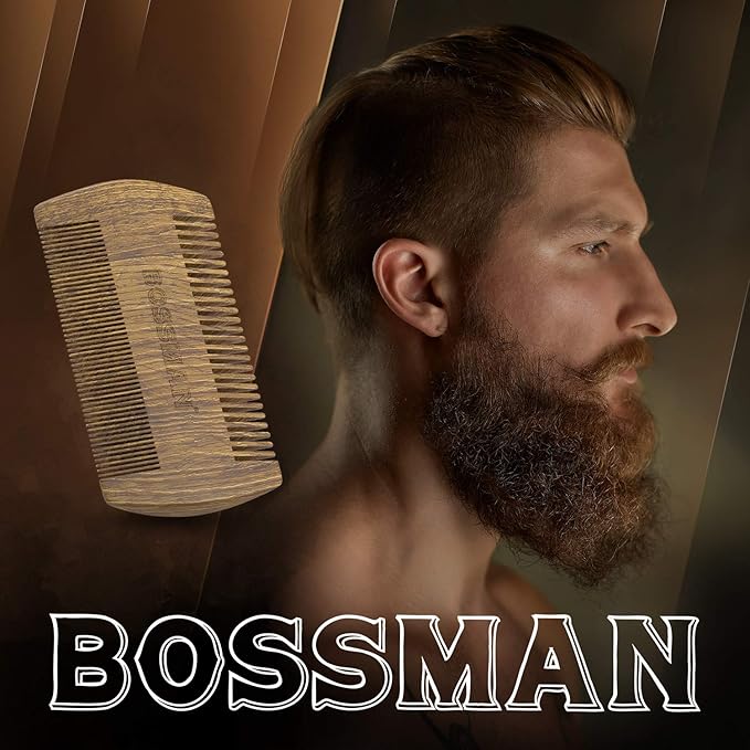 Bossman Pocket Size Sandalwood Comb with Protective Case - Fine and Wide Tooth for Beard, Mustache, and Hair Shaping Tool