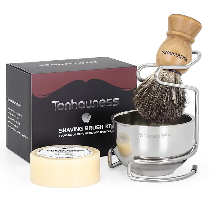 Shaving Brush Kit for Men, 4 in 1 Shaving Brush Set Includes Pure Badger Shaving Brush, Shaving Soap and Stainless Steel Shaving Bowl & Stand for Men’s Barber Shave Gift