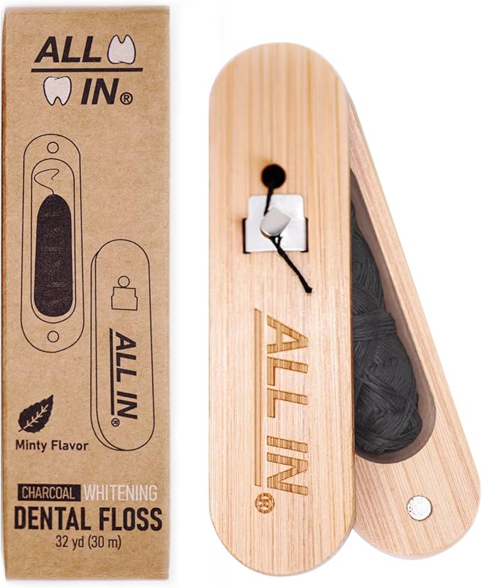 ALL IN Charcoal Floss Refills 6 x 32 Yds Each - Activated Charcoal Dental Floss Refills Only - Unique Stocking Stuffer - BPA Free, Plant Based No PFAS Mint Floss for Plaque Removal, Fresh Breath (6)
