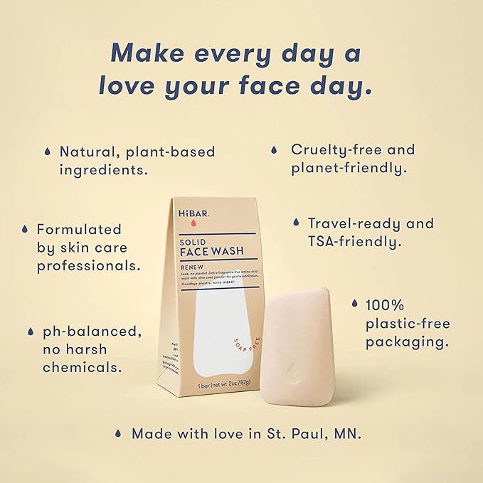 HIBAR - Renew Face Wash Bar - Solid Face Wash - With 12 Unique Amino Acids - Safe For Daily Use & Sensitive Skin - Plastic, Paraben & Soap-Free - Vegan - 1 Bar