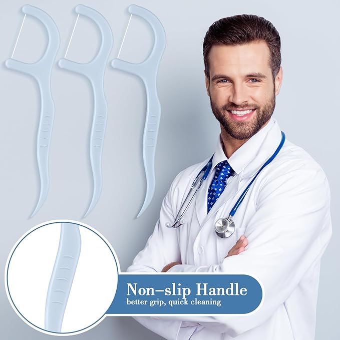 Baderke 200 Count Floss Picks Bulk Non Breakable Tooth Picks Flosser Dental Floss Sticks for Adults Teeth Cleaning Dental Flossers for Family Pack Travel (Light Blue)
