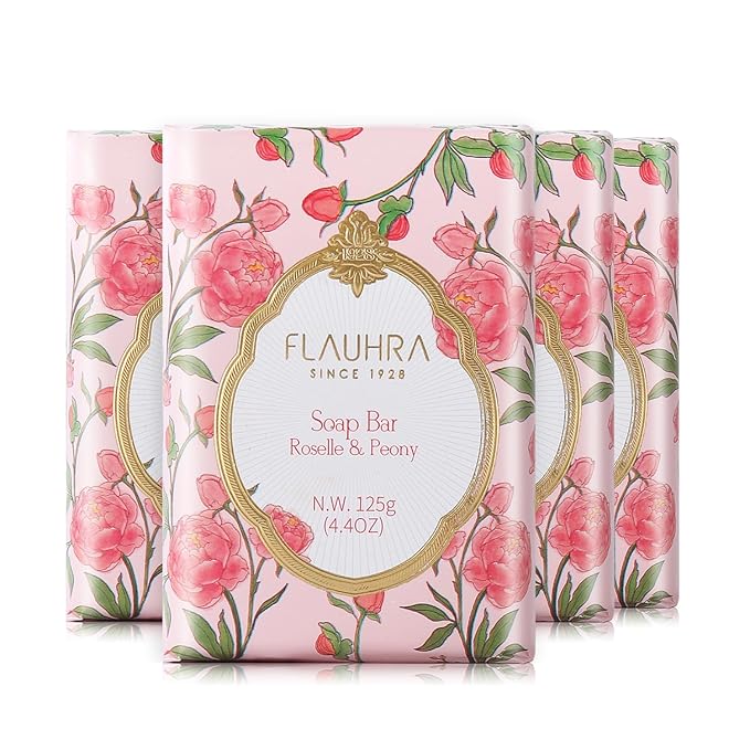 Bee & Flower Soap Bar Roselle & Peony Fragrant Soap Essential Oil Scented Soap Bar Moisturizing Bath Bar Soaps Nourishes Your Skin 4.4 oz(Pack of 4)