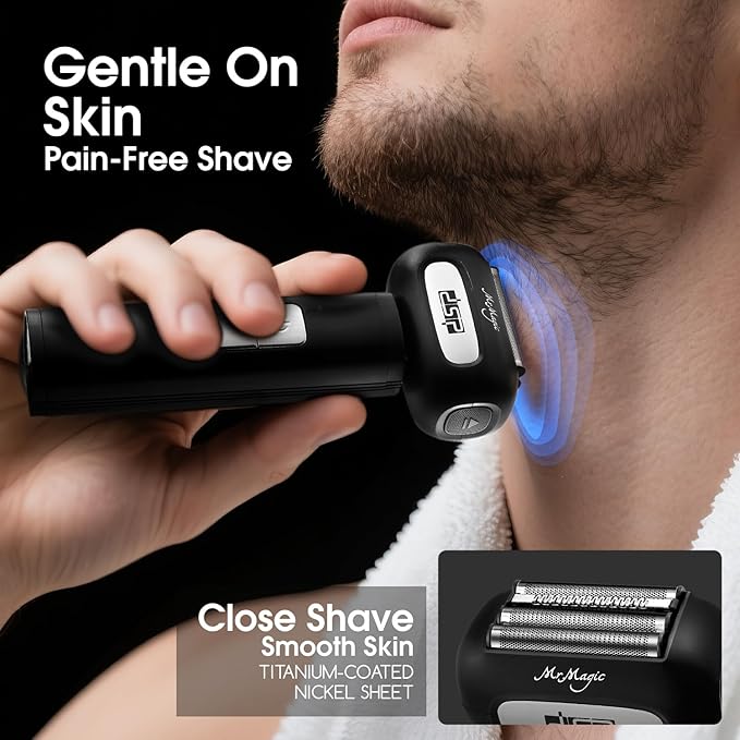 DSP Electric Shavers for Men, IPX6 Waterproof, Type-C, Rechargeable Shaver, 4-Blade Cutting System, Electric Foil Shaver, Travel Lock (Black)