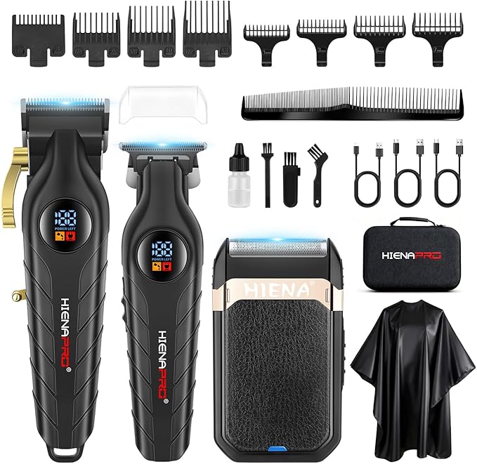 HIENA PRO Hair Clippers for Men Professional, Cordless Barber Clipper T-Blade Beard/Hair Trimmer Foil Shaver Full Barber Set, Electric Men's Hair Cutting Kit with LED Display and 8 Guide Combs