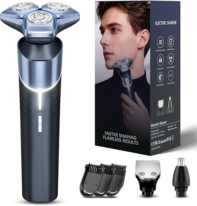 Electric Razor for Men, 10000 RPM High Speed Motor, 3D Floating Heads, USB-C Fast Charging, IPX8 Waterproof, Travel Lock, ICY Blue