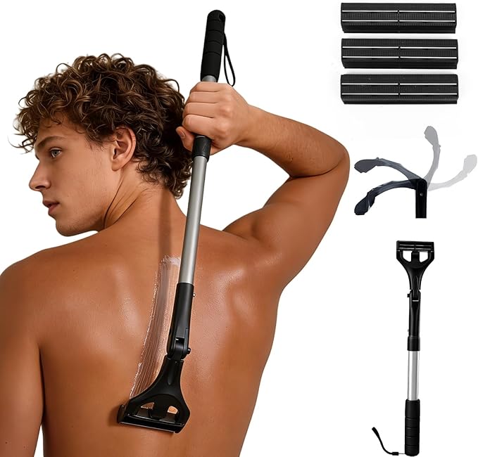 Retractable Back Shaver for Men: 180° Foldable Head Hair Shaver,Double Sharp Blades & Ergonomic Handle, Wet or Dry Back & Body Hair Removal,Silver(3PCS Blades Included)