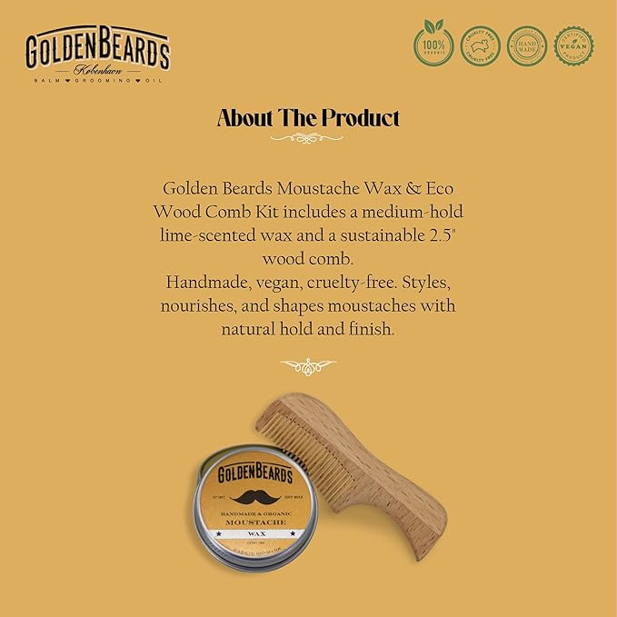 Golden Beards Moustache Wax & Eco Wood Vegan Comb Kit – Medium Hold Wax with Lime Scent & Eco Wood Comb 2.5 in – Handmade, Vegan, Cruelty-Free Moustache Styling Set