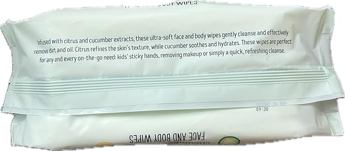 Generic Cucumber and Citrus Face and Body Wipes - 2 bags of 64 wipes