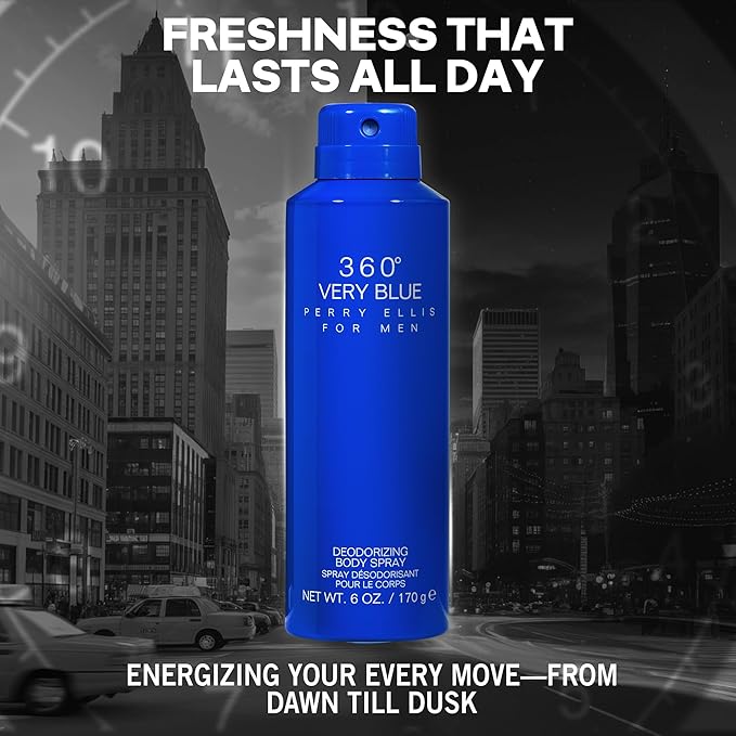 Perry Ellis 360° Very Blue Body Spray for Men - Body Spray Cologne, EDT, All Over Men's & Boys Mist with Notes of Citrus, Bergamot & Amber Fragrance - 6 oz