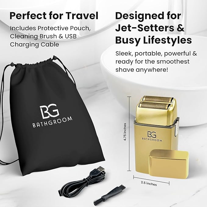 Electric Razor for Men Face with Double Titanium Foils, Professional Barber-Style shavers for Men, USB Rechargeable, Includes Cleaning Brush, Protective Cap & Pouch (Gold)