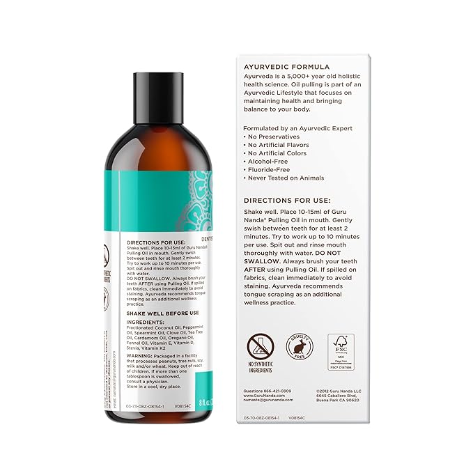 GuruNanda CocoMint Oil Pulling Mouthwash for Complete Oral Hygiene, 7 Essential Oils & Vitamins for Happy Teeth & Gums & Fresh Breath, with 2 Toothbrushes & 2 Tongue Scrapers, Alcohol-Free, 3X8 oz