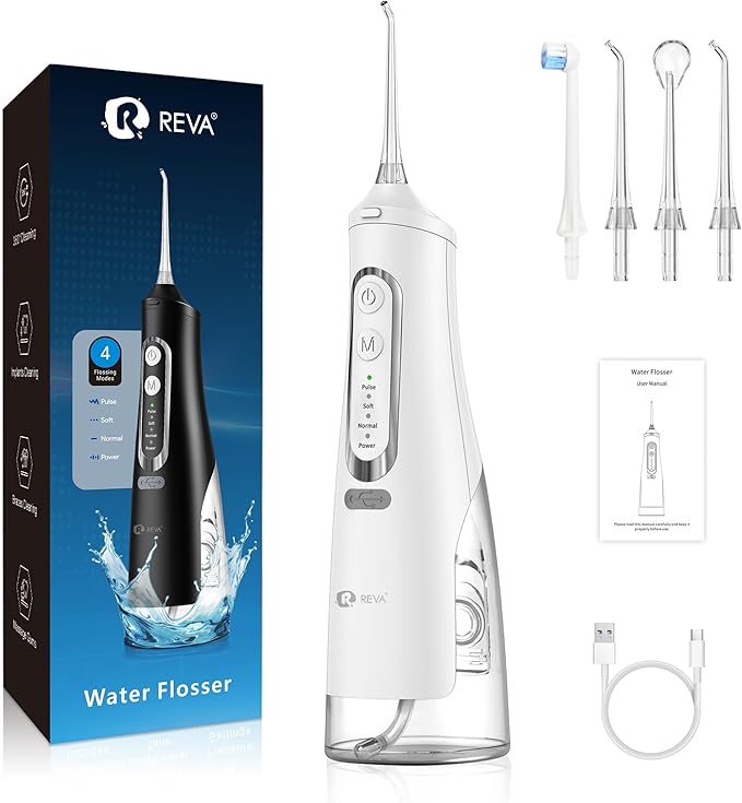 Cordless Dental Water Flosser for Teeth, Gums & Braces - Electric Oral Irrigator 310ML, 4 Modes, Rechargeable, 4 Jet Tips, Smart Memory, 360° Nozzle, IPX7 Waterproof & Low Noise (M209 - White)